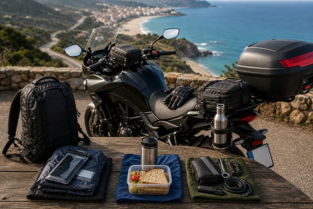 Black motorcycle parked near a wooden table overlooking a coastal road and beach under sunlight