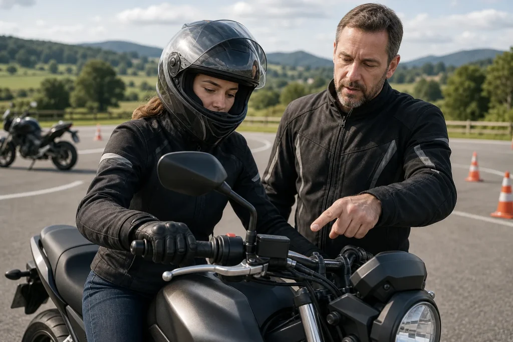 Man giving instructions to woman wearing black helmet and jacket sitting on a black motorcycle outdoors