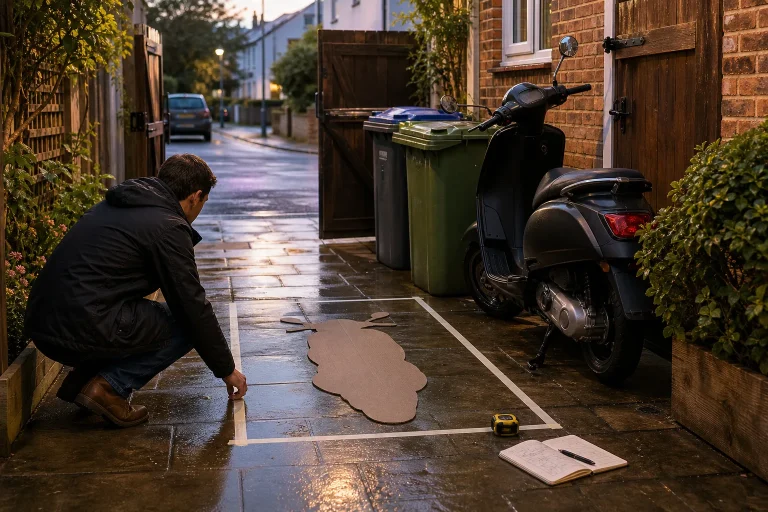 Man measuring and marking a scooter parking space on a wet stone driveway next to garbage bins and a black scooter