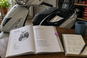 Open scooter manual and handwritten notes on wooden table next to blue mug with scooter and storage compartment in background