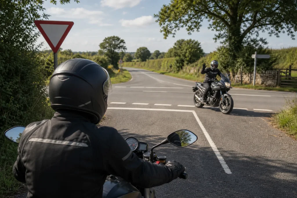 Two motorcyclists at a rural junction on a sunny day with one rider waving