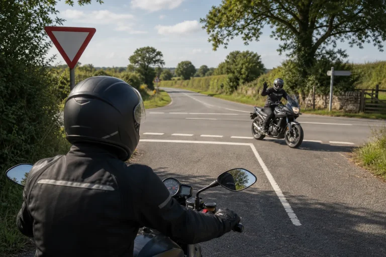 Two motorcyclists at a rural junction on a sunny day with one rider waving